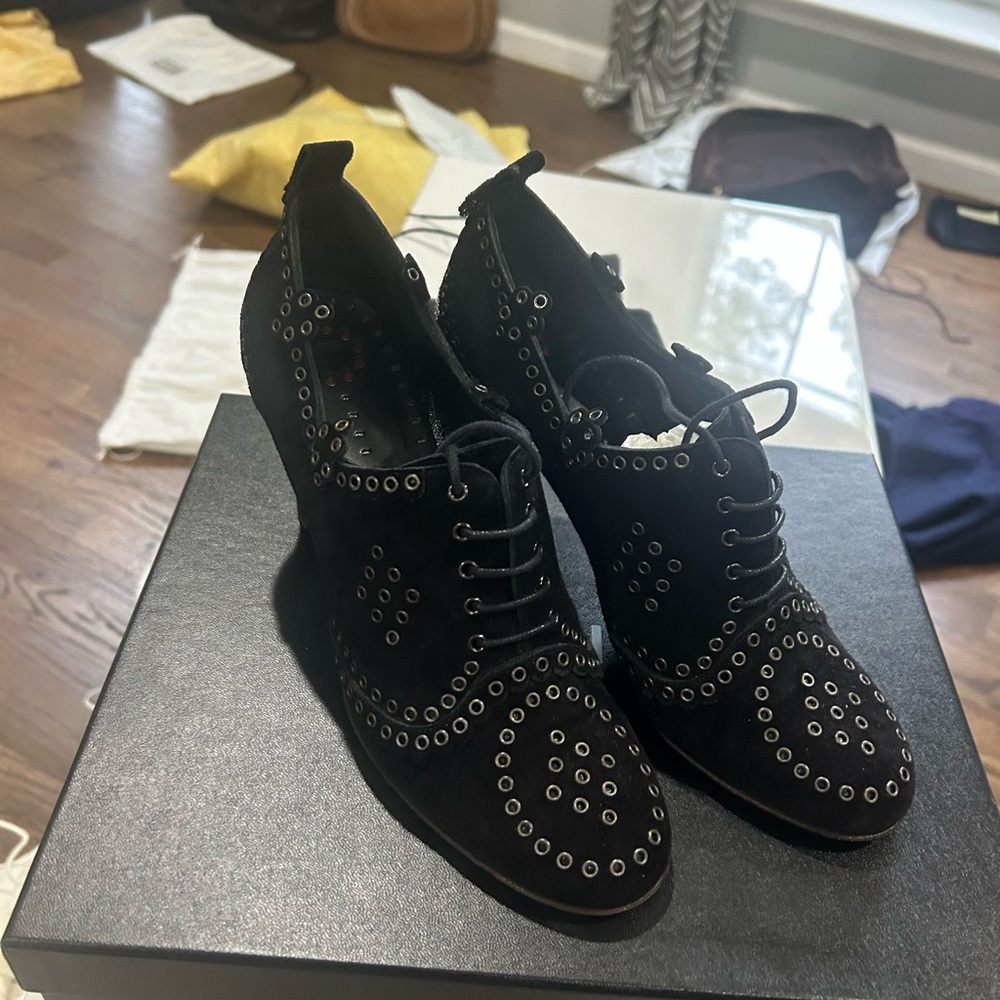 CHANEL Black Suede Lace-Up Grommet Wedge Boots